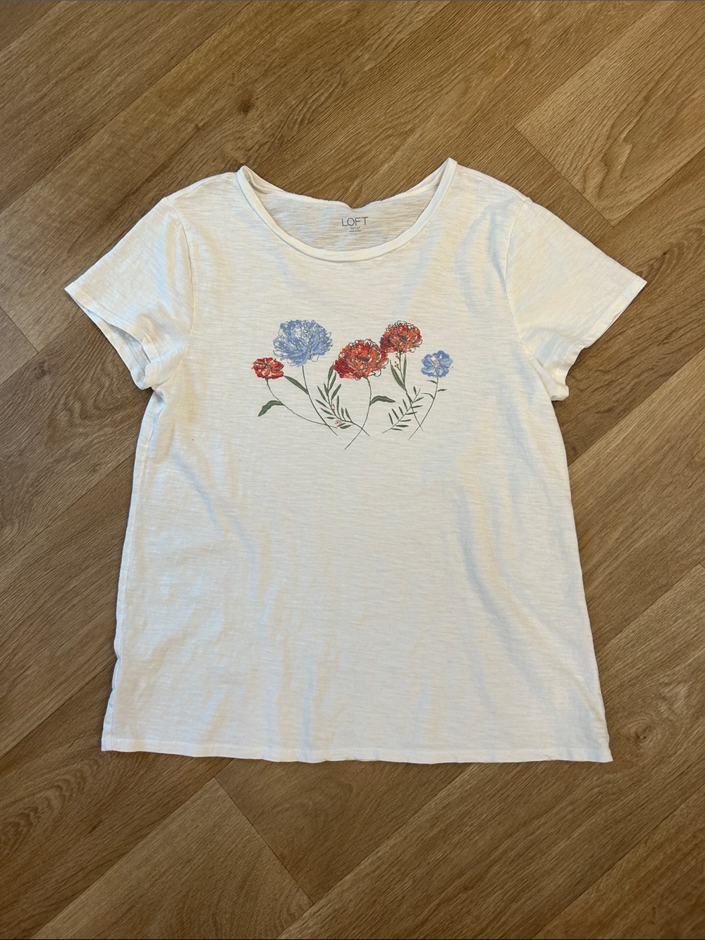 LOFT White Tee with Red and Blue Floral Print